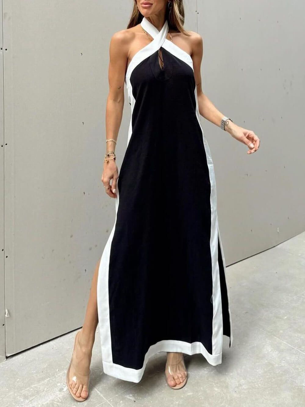 Color-Block Halter-Neck Maxi Dress with Side Slit