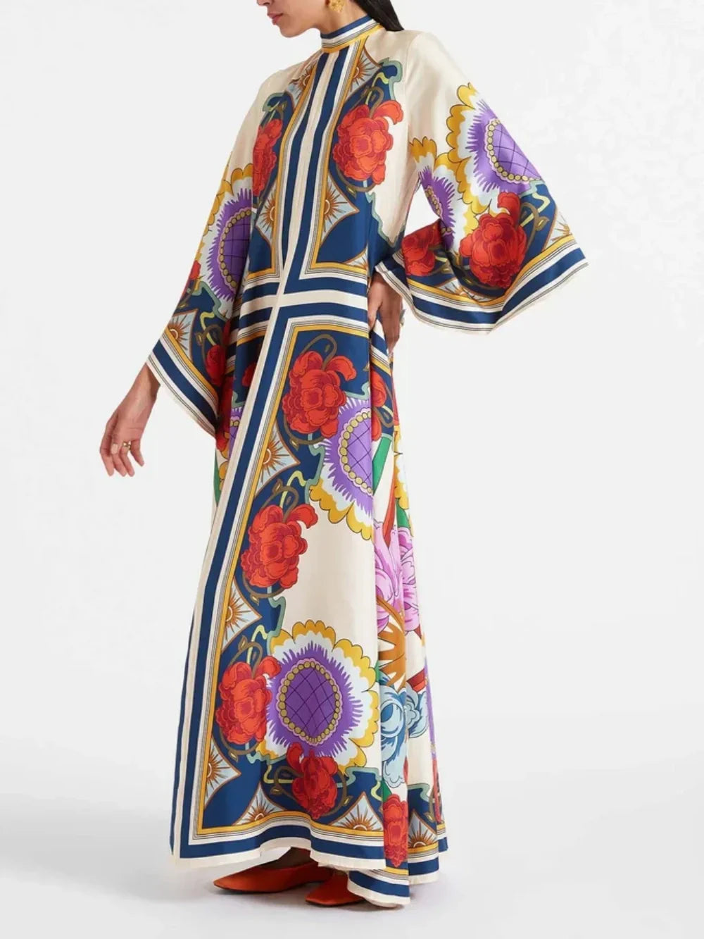 Elegant Floral-Print Maxi Dress with Draped Waterfall Sleeves