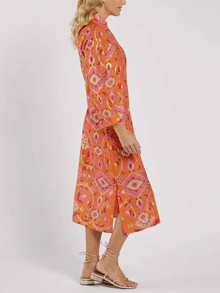 Chic Stand-Collar Printed Midi Dress