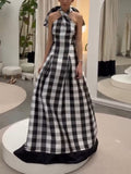Chic Plaid Halter-Neck Maxi Dress with Timeless Style
