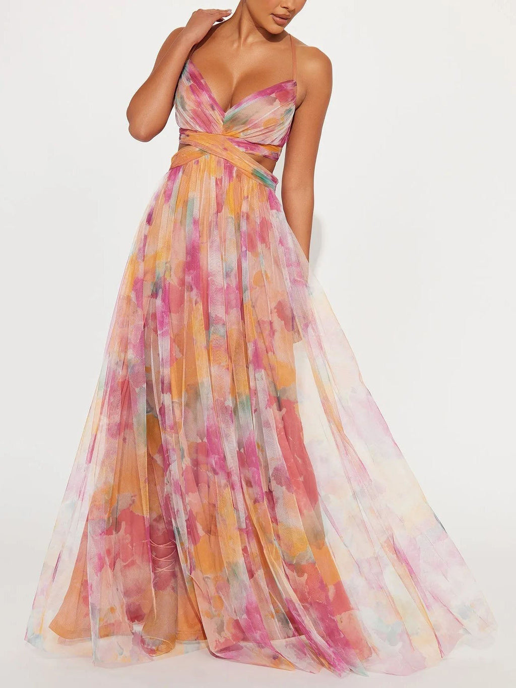 Chic Painted Floral Print V-Neck A-Line Maxi Dress