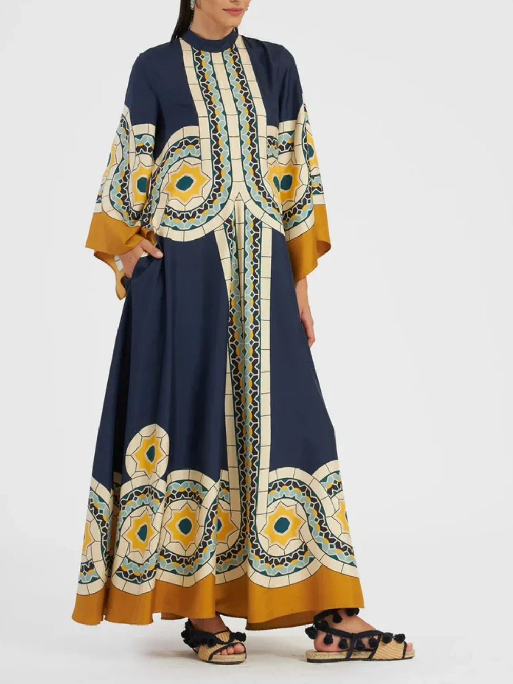 Chic Twill Art Deco Print Maxi Dress