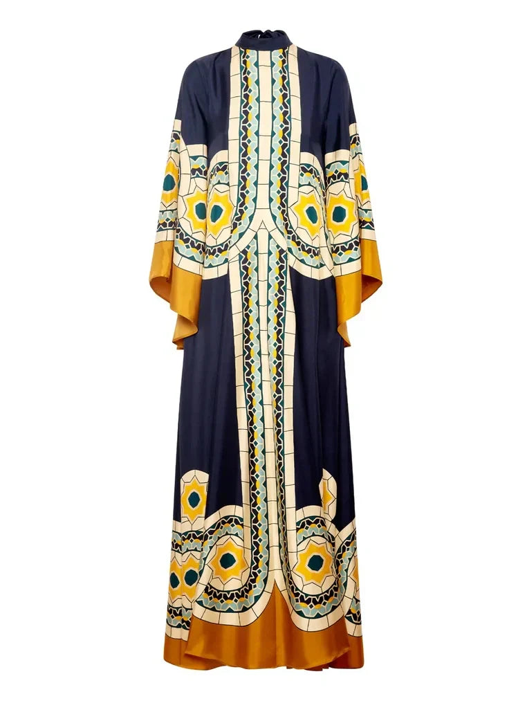 Chic Twill Art Deco Print Maxi Dress
