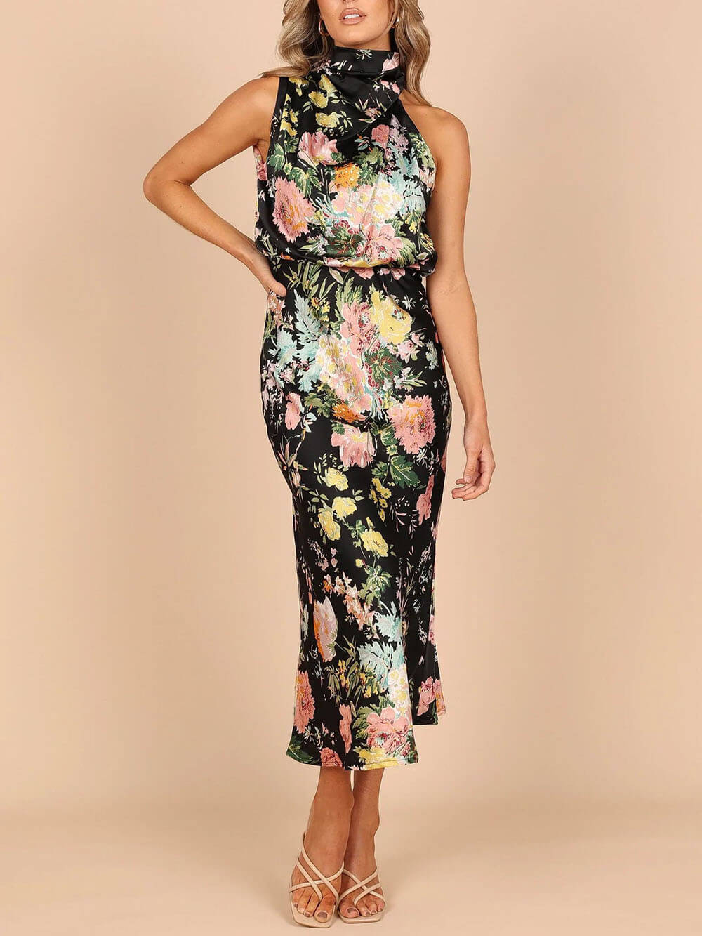 Floral Halter-Neck Maxi Dress with Elastic Waist