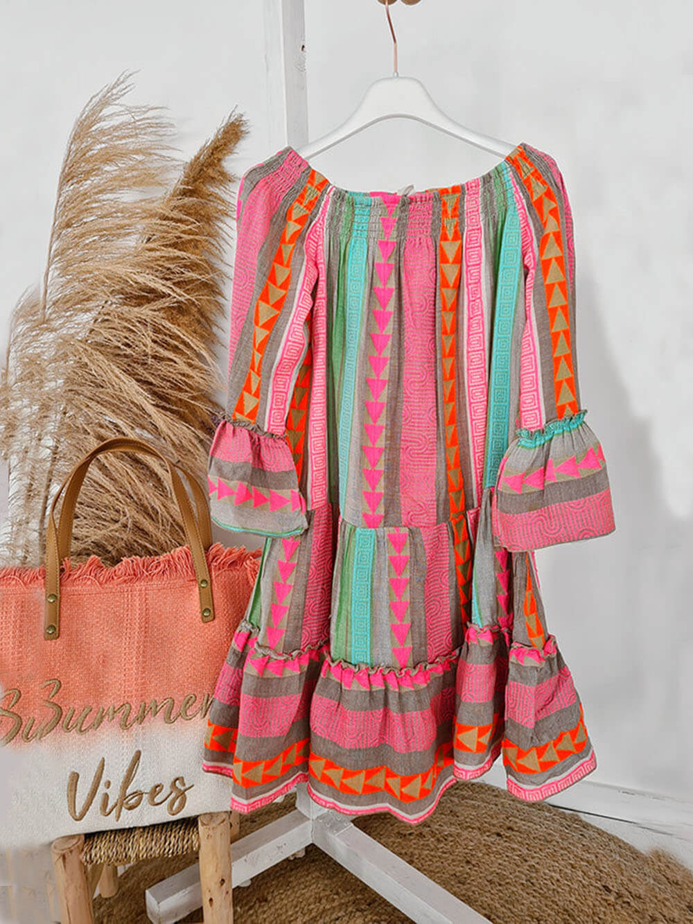 Boho Ethnic Print Linen-Blend Off-Shoulder Mini Dress - Flowy, Relaxed Fit
