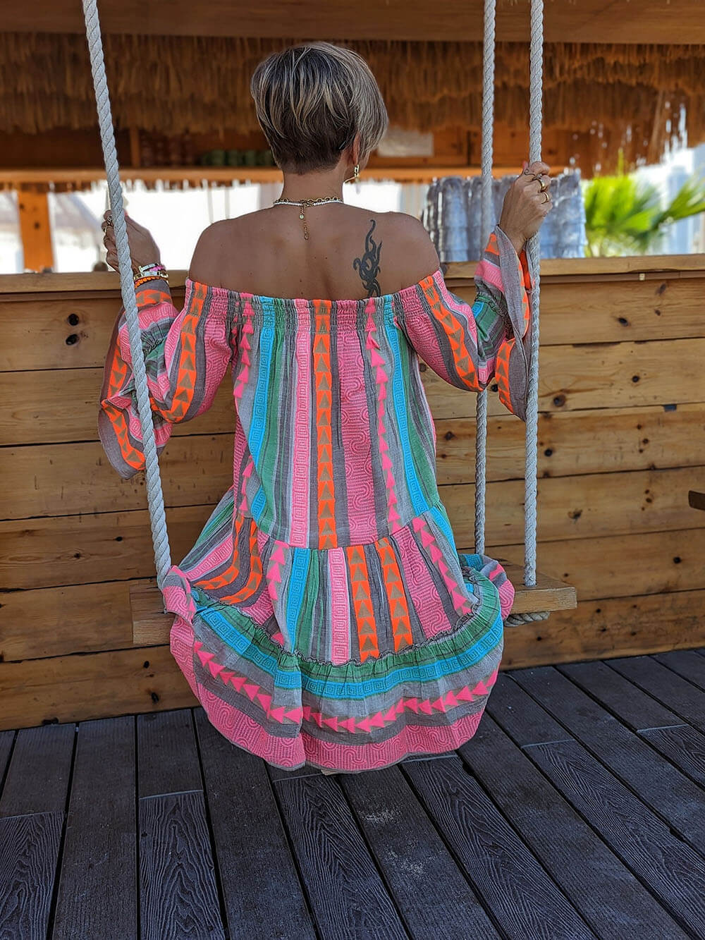 Boho Ethnic Print Linen-Blend Off-Shoulder Mini Dress - Flowy, Relaxed Fit