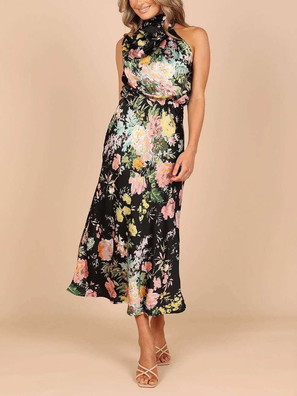 Floral Halter-Neck Maxi Dress with Elastic Waist