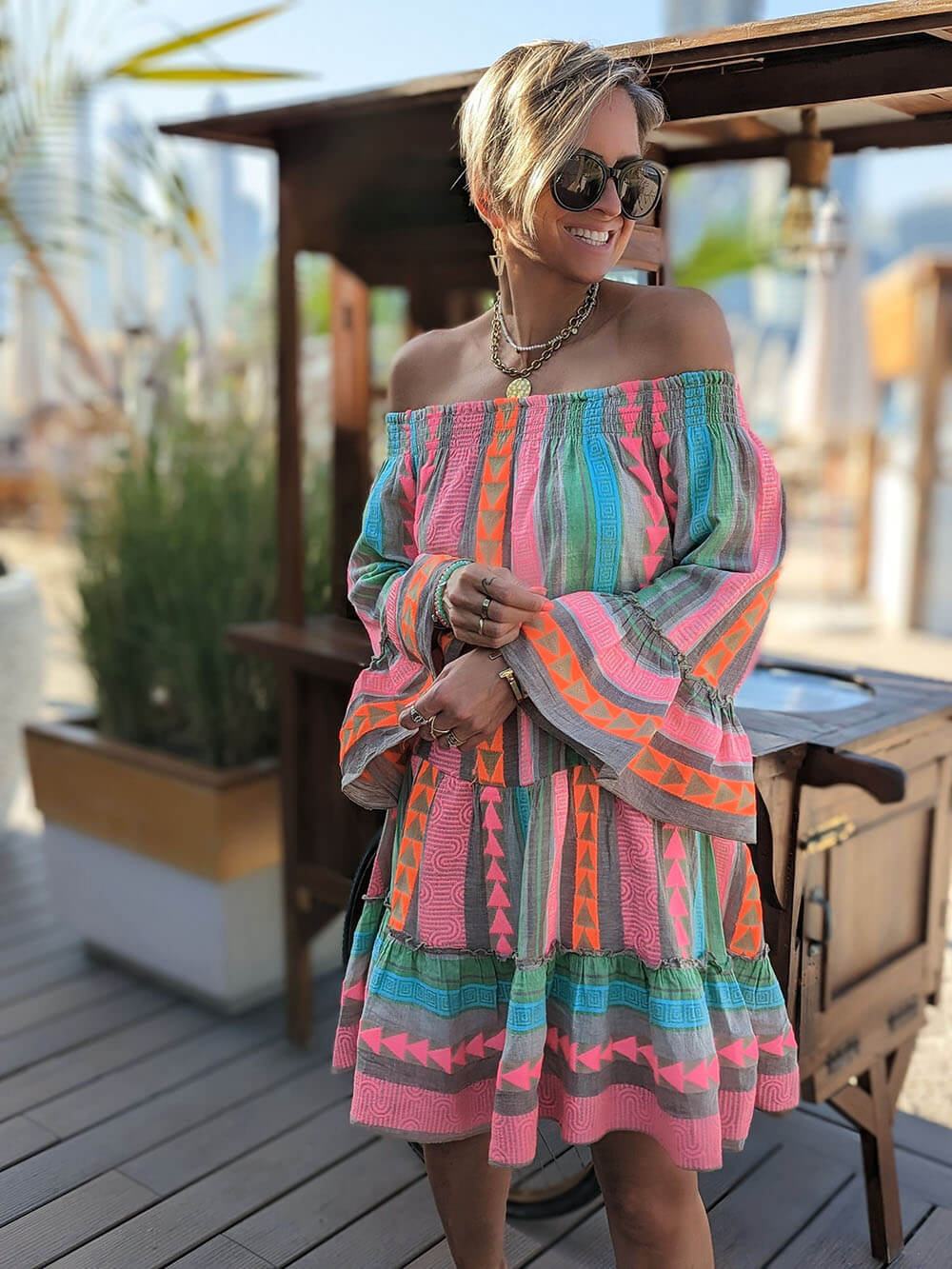 Boho Ethnic Print Linen-Blend Off-Shoulder Mini Dress - Flowy, Relaxed Fit