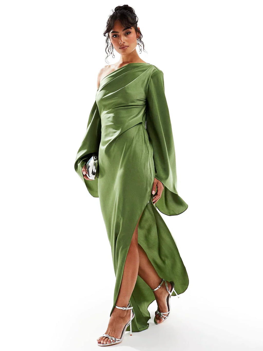 Green Satin Maxi Dress with a Flattering Asymmetrical Hem