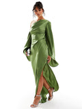 Green Satin Maxi Dress with a Flattering Asymmetrical Hem