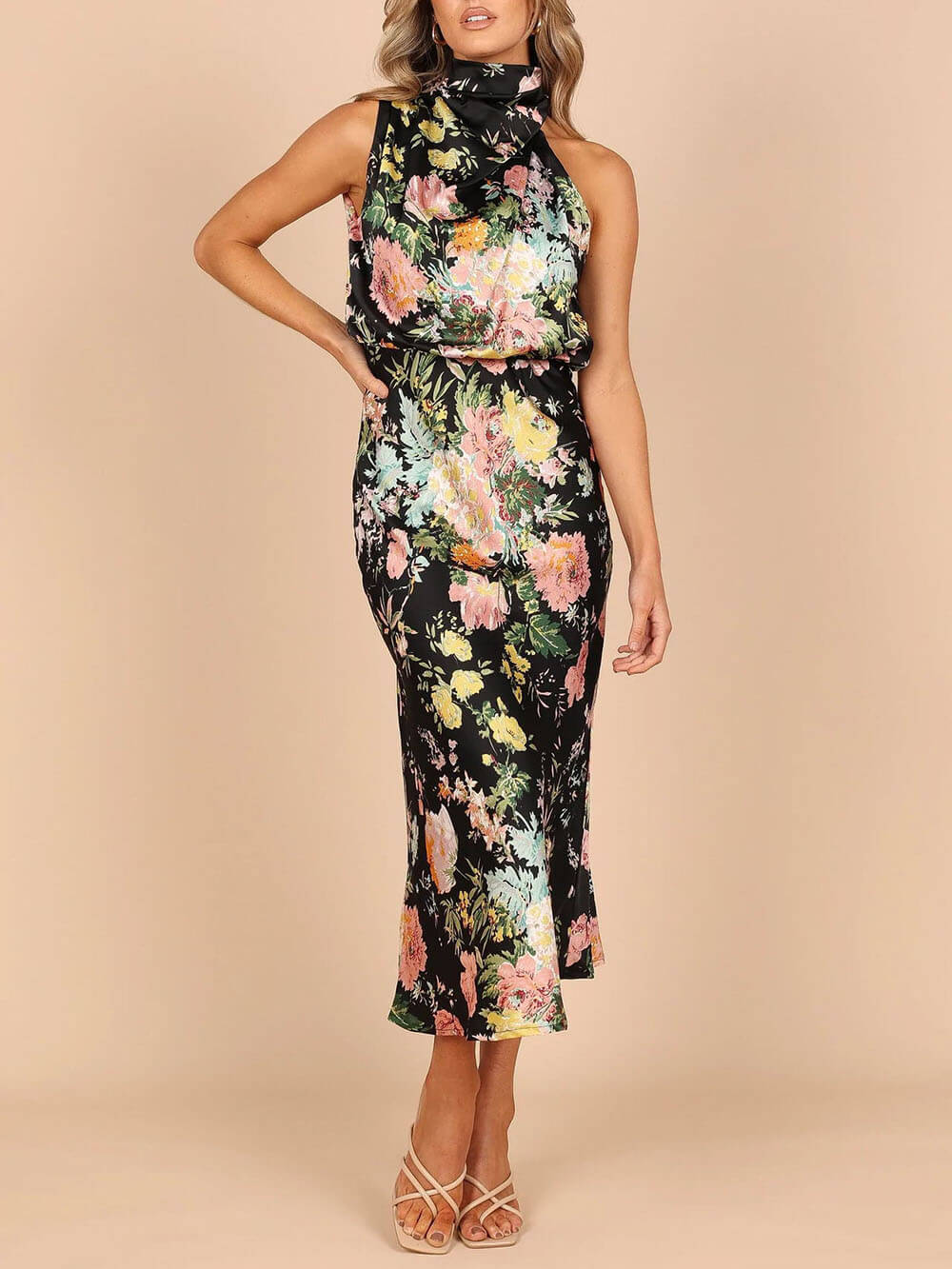 Floral Halter-Neck Maxi Dress with Elastic Waist