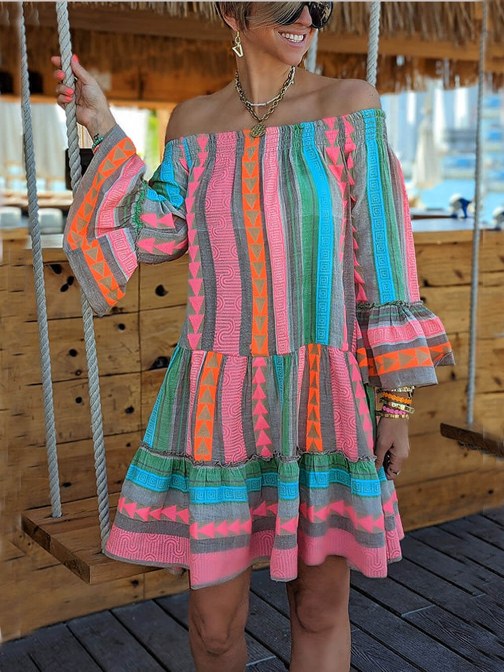Boho Ethnic Print Linen-Blend Off-Shoulder Mini Dress - Flowy, Relaxed Fit