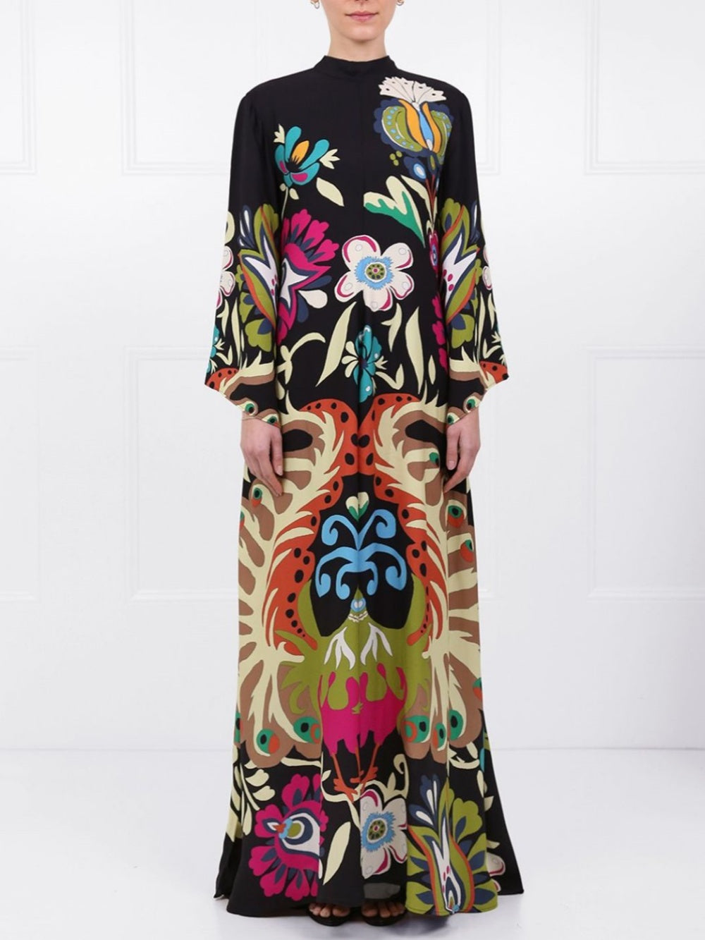 Elegant Peacock Print Maxi Dress
