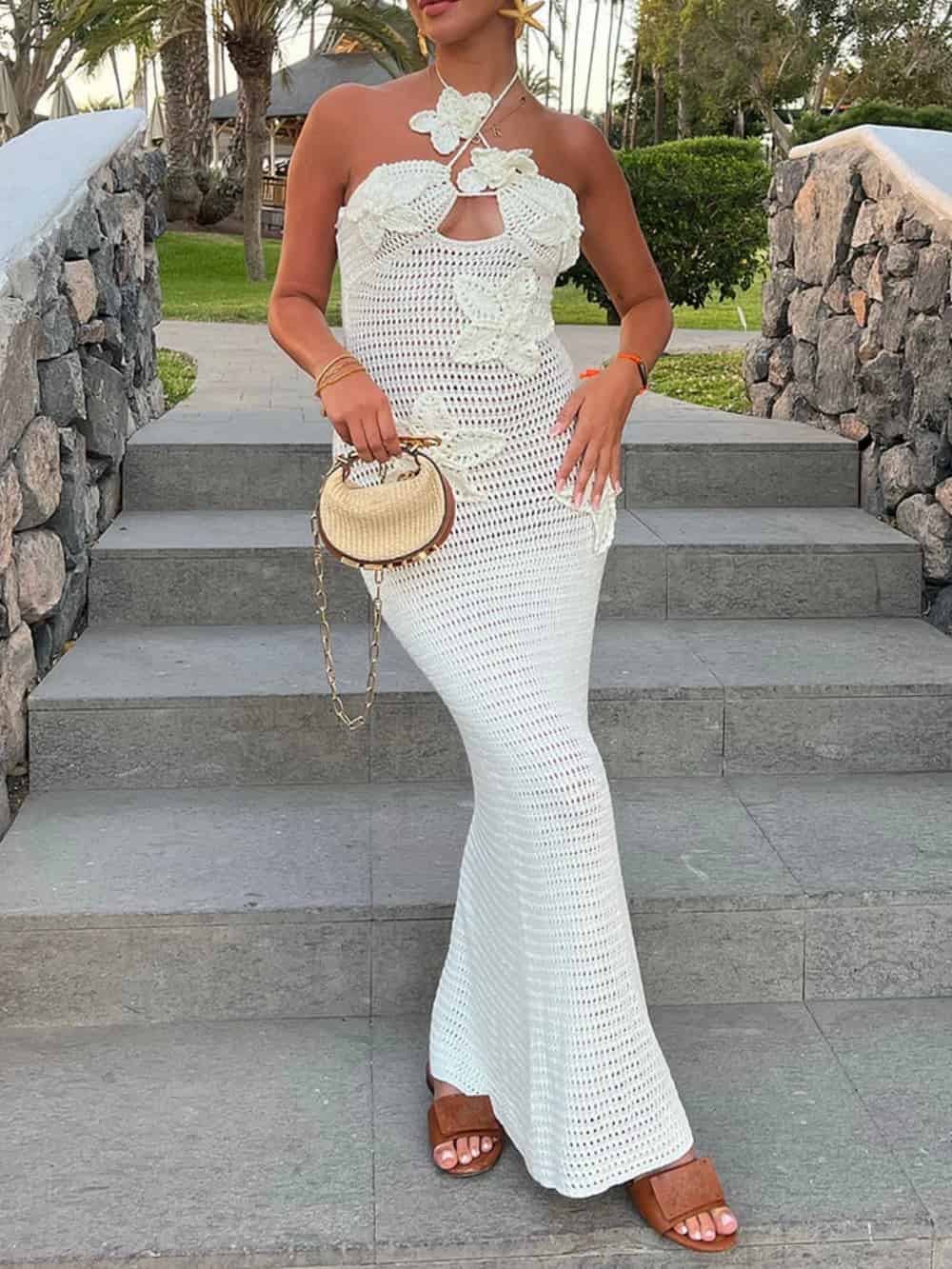 3D Floral Embellished Halter-Neck Bodycon Crochet Maxi Dress
