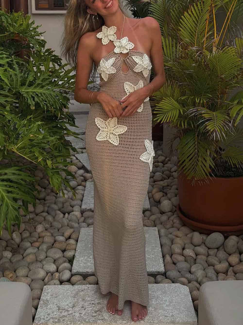 3D Floral Embellished Halter-Neck Bodycon Crochet Maxi Dress