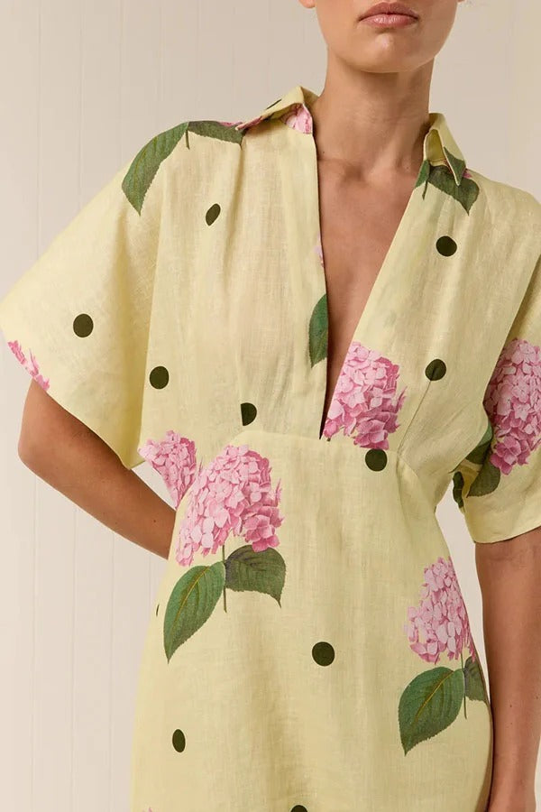 Jasmine Linen-Blend Floral Polka Dot Maxi Dress with Wide-Sleeve Shirt Silhouette