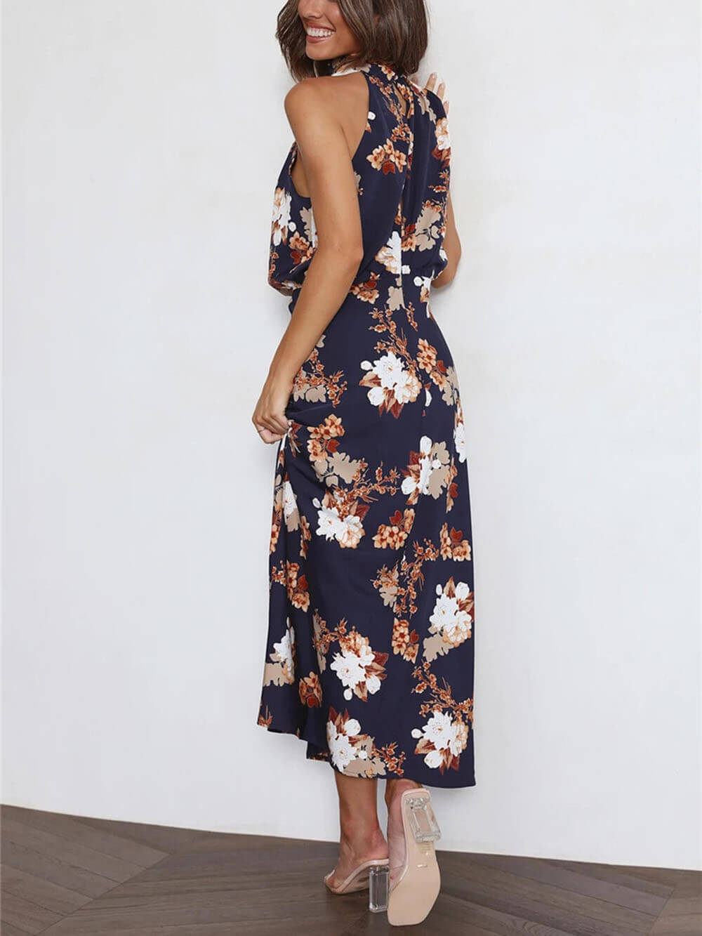 Floral Halter-Neck Maxi Dress with Elastic Waist