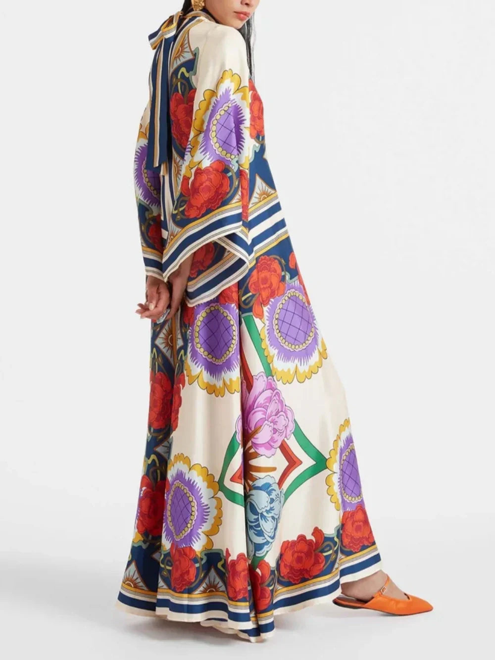 Elegant Floral-Print Maxi Dress with Draped Waterfall Sleeves