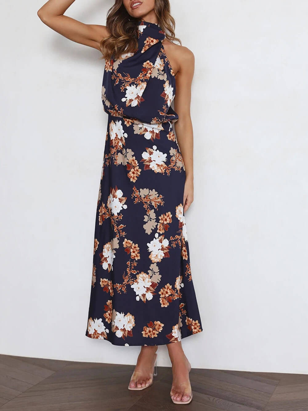 Floral Halter-Neck Maxi Dress with Elastic Waist