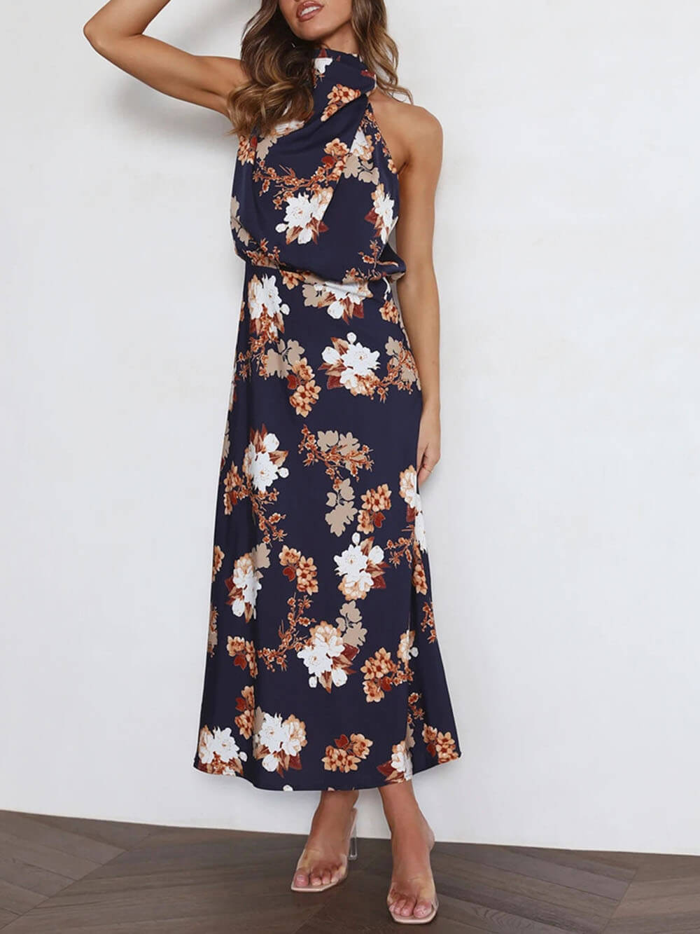 Floral Halter-Neck Maxi Dress with Elastic Waist