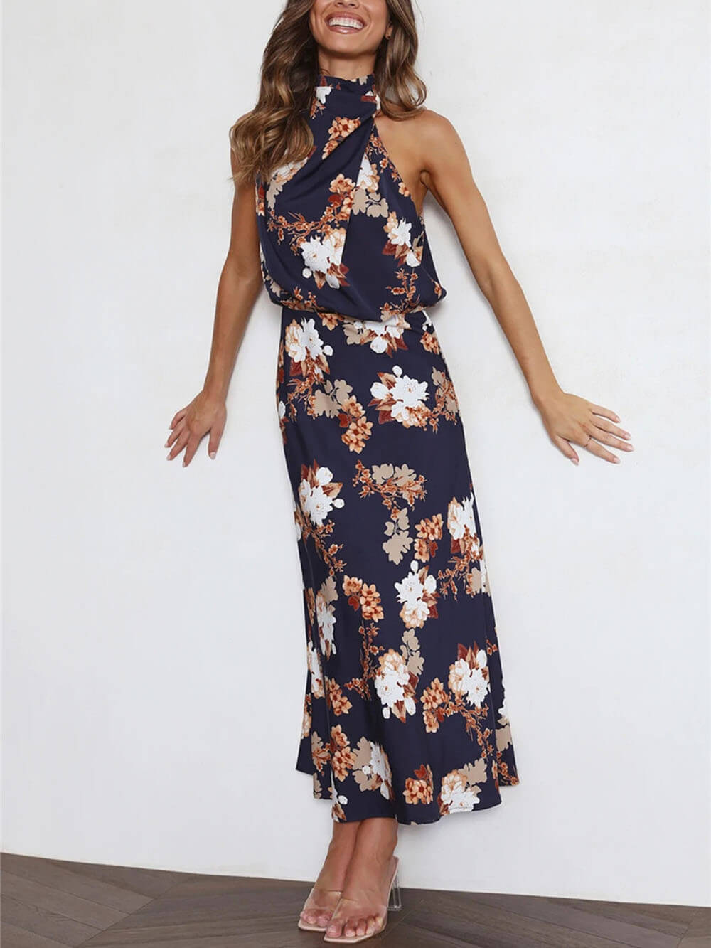 Floral Halter-Neck Maxi Dress with Elastic Waist