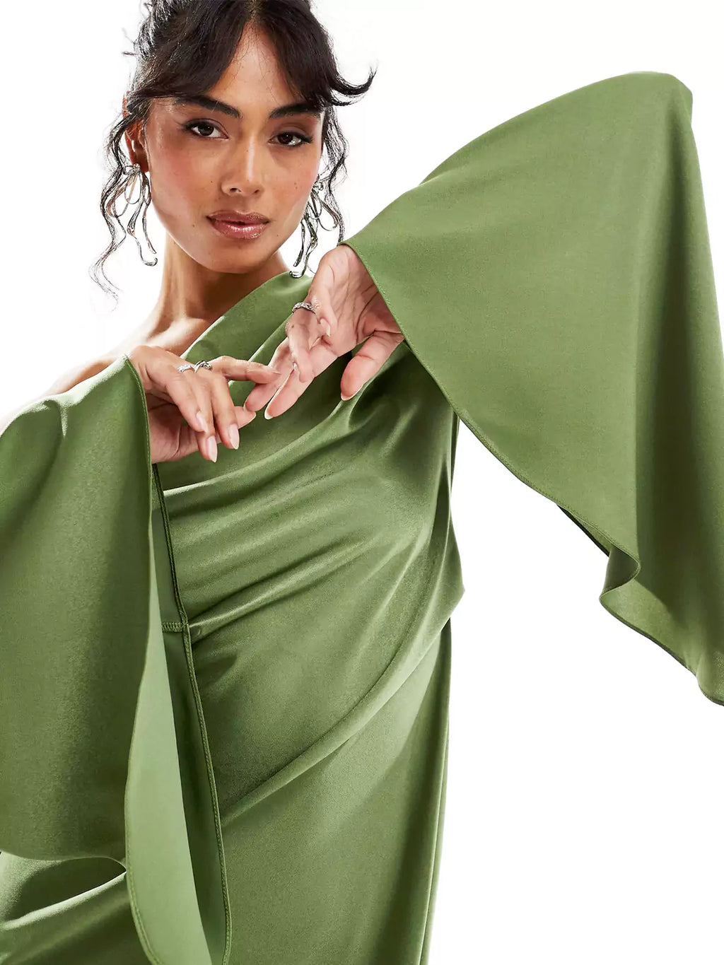 Green Satin Maxi Dress with a Flattering Asymmetrical Hem