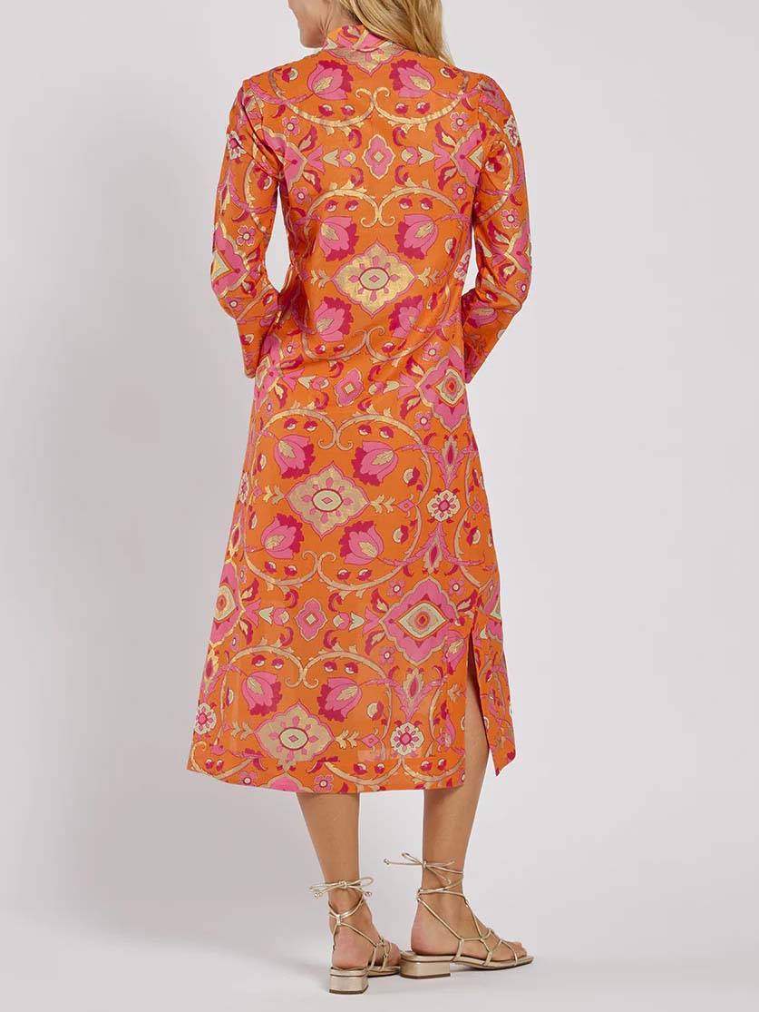Chic Stand-Collar Printed Midi Dress