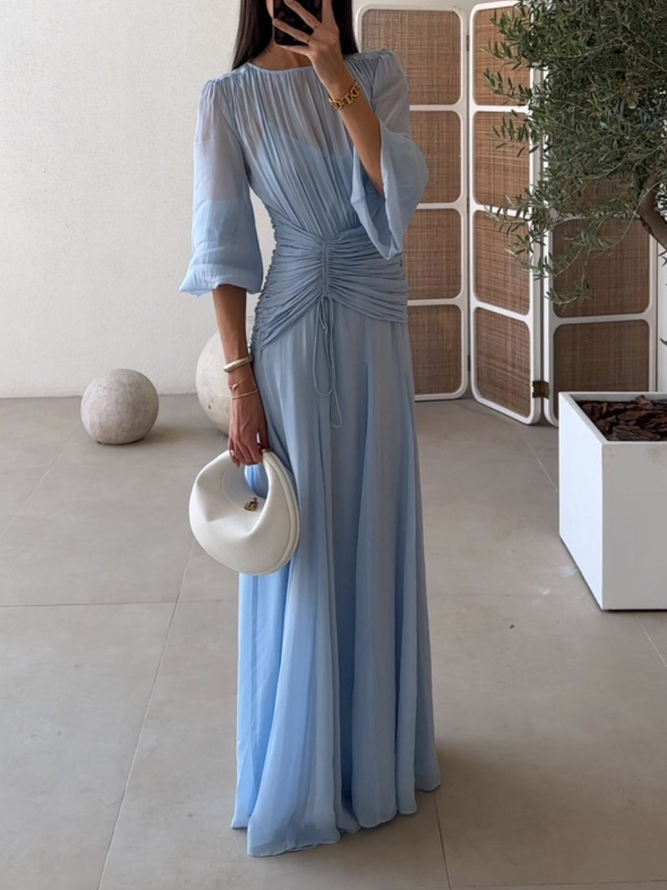 Chic High-Neck Maxi Dress with Dramatic Balloon Sleeves
