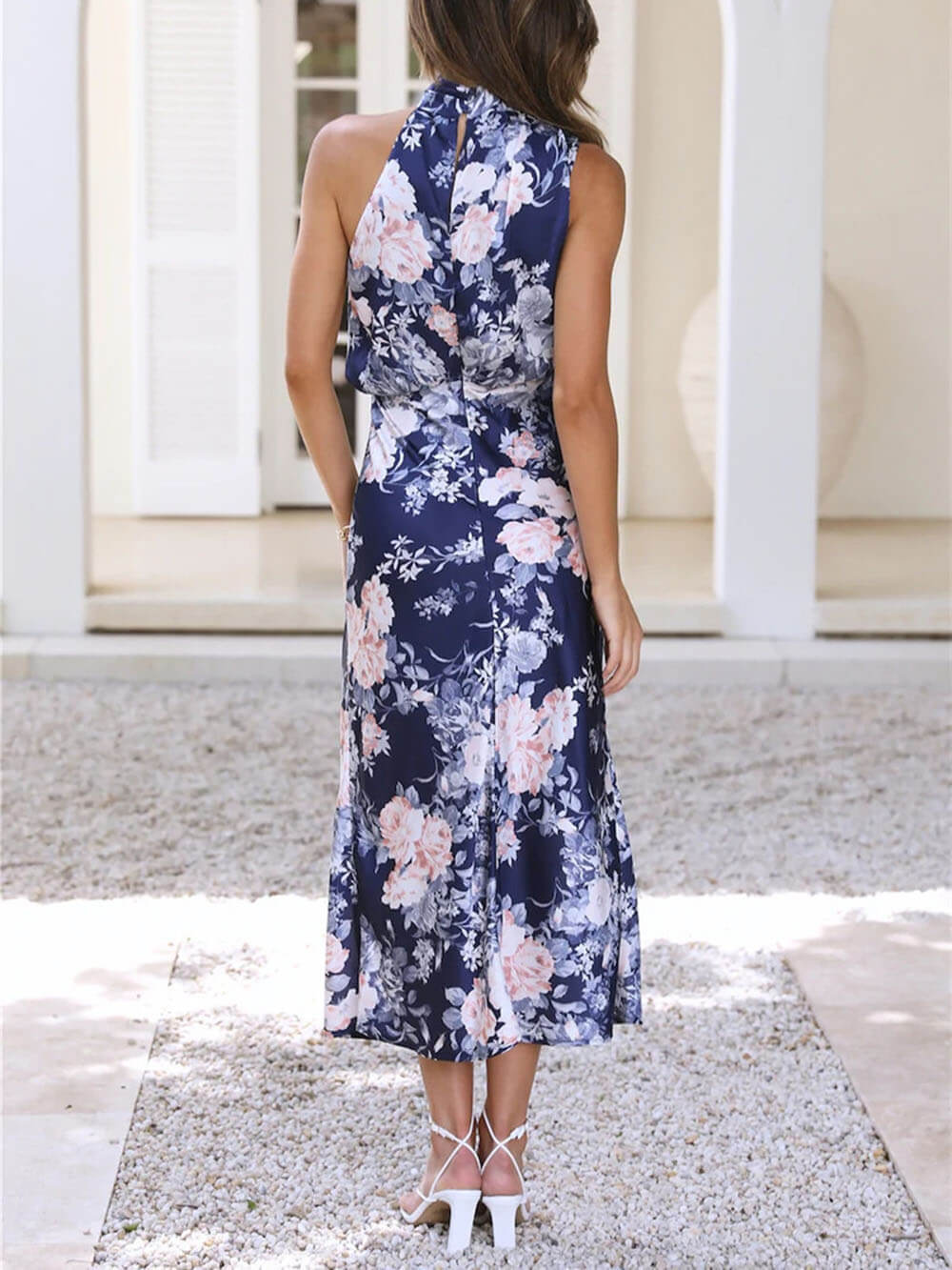 Floral Halter-Neck Maxi Dress with Elastic Waist