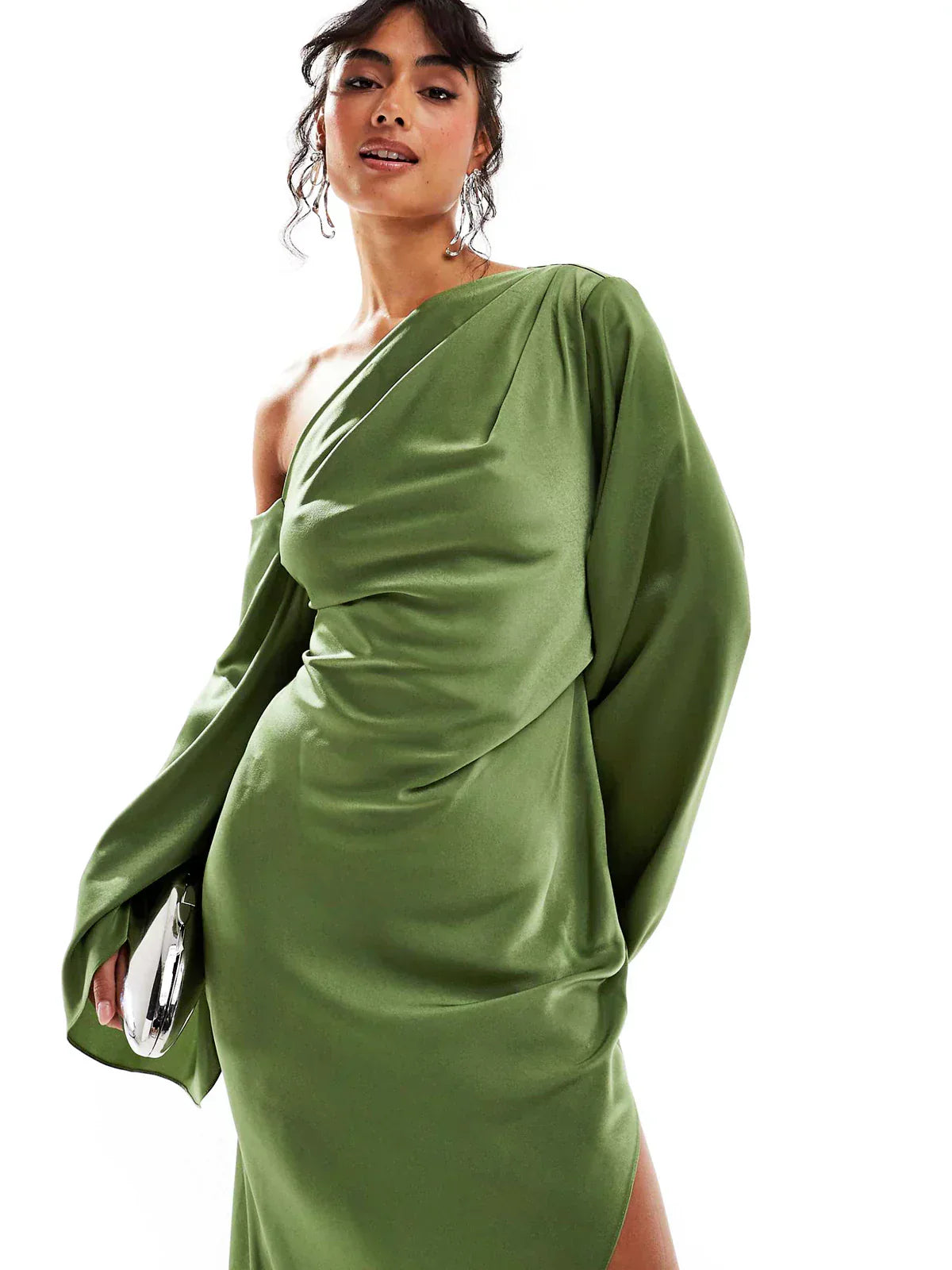 Green Satin Maxi Dress with a Flattering Asymmetrical Hem
