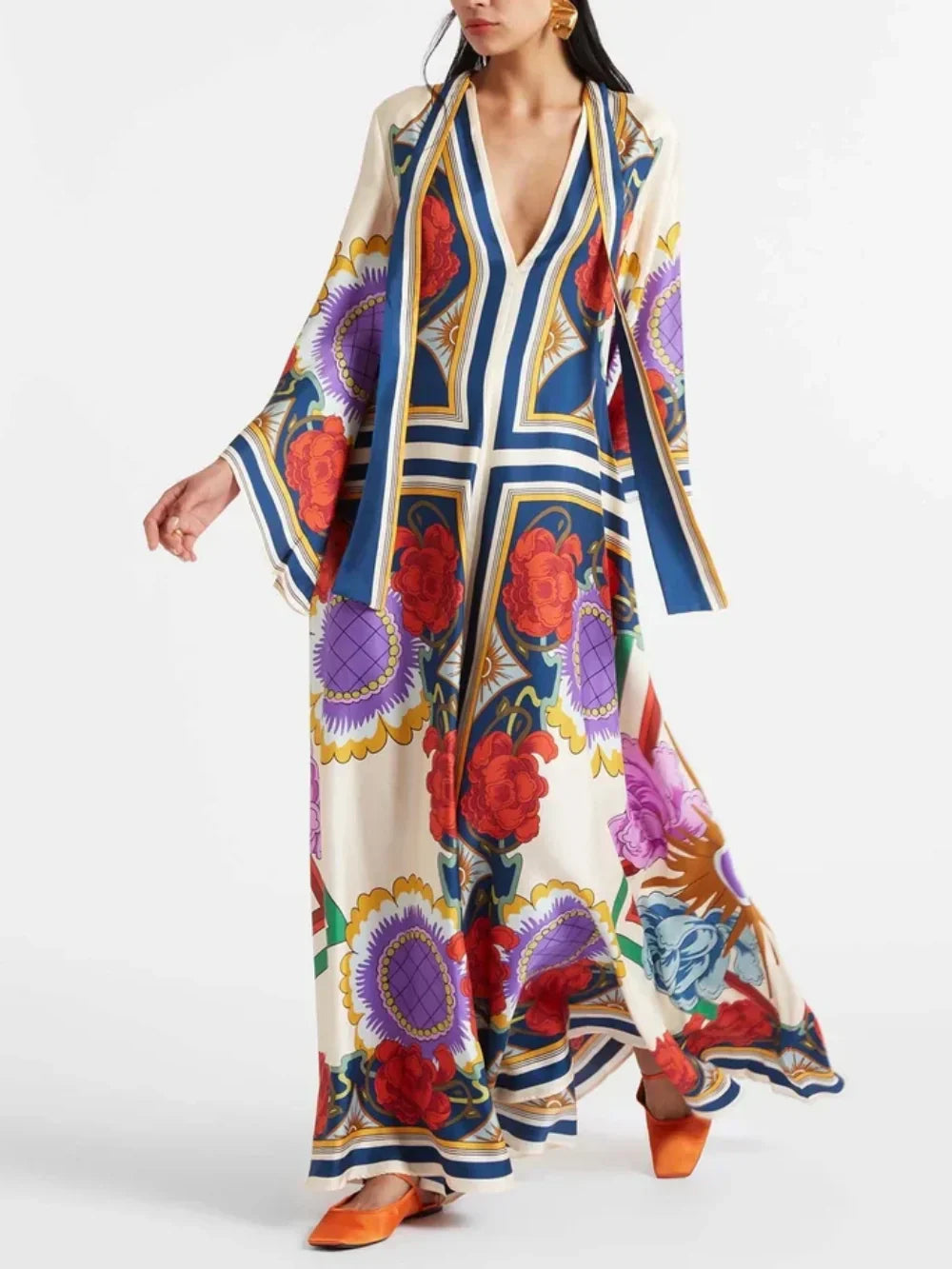 Elegant Floral-Print Maxi Dress with Draped Waterfall Sleeves