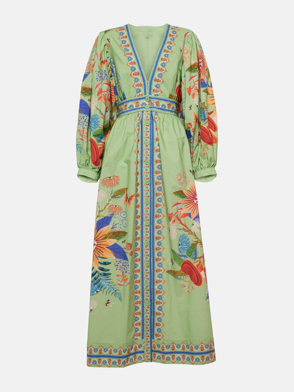 Delicate Floral V-Neck Midi Dress with Single-Breasted Bodice Detail