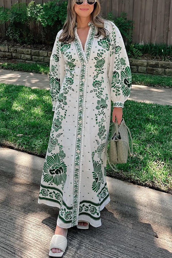 Chic Print Button-Down Maxi Dress with Long Sleeves