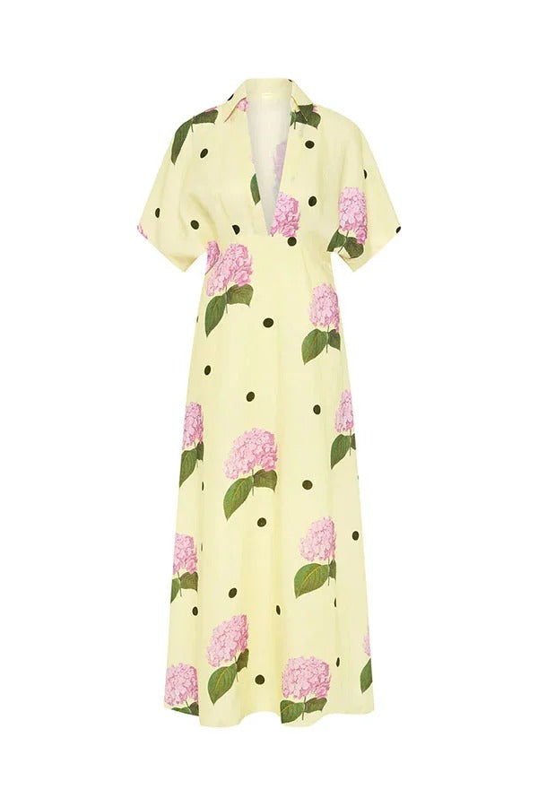 Jasmine Linen-Blend Floral Polka Dot Maxi Dress with Wide-Sleeve Shirt Silhouette