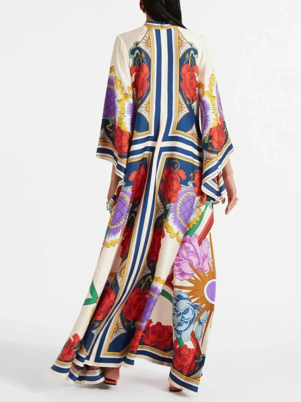 Elegant Floral-Print Maxi Dress with Draped Waterfall Sleeves