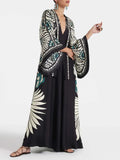 Elegant Floral Print Maxi Dress with Flowing Waterfall Sleeves