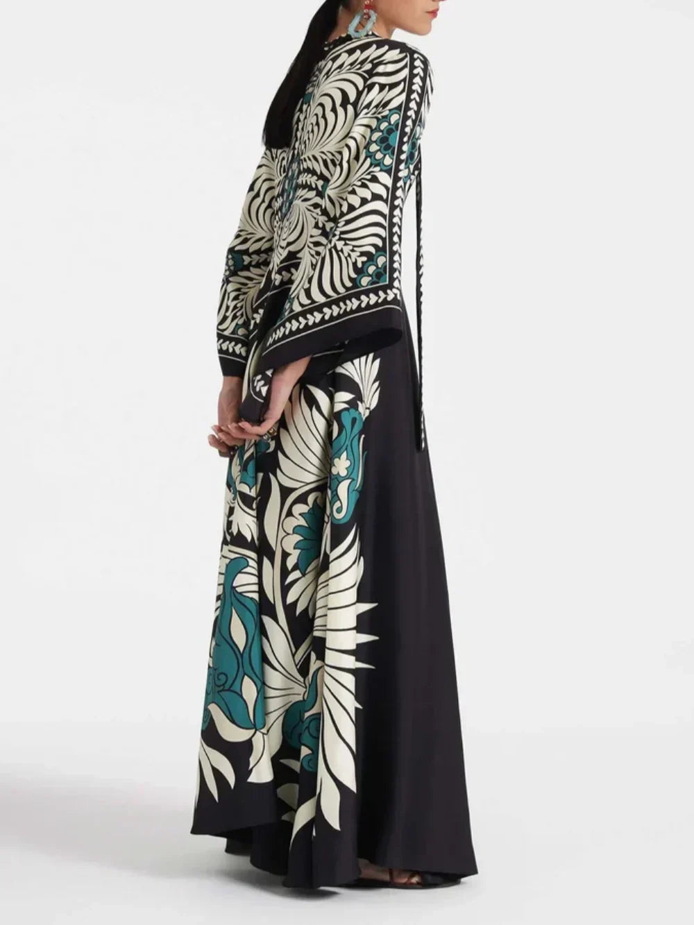 Elegant Floral Print Maxi Dress with Flowing Waterfall Sleeves