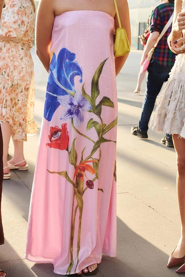 Glam Night Sequin Floral Print Off-Shoulder A-Line Maxi Dress