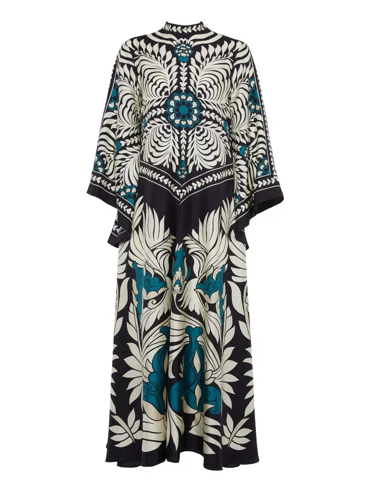Elegant Floral Print Maxi Dress with Flowing Waterfall Sleeves