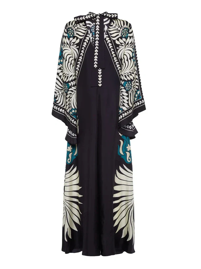 Elegant Floral Print Maxi Dress with Flowing Waterfall Sleeves