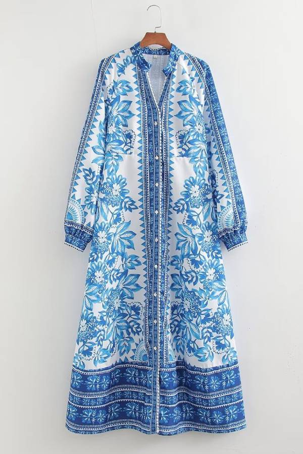 Chic Print Button-Down Maxi Dress with Long Sleeves