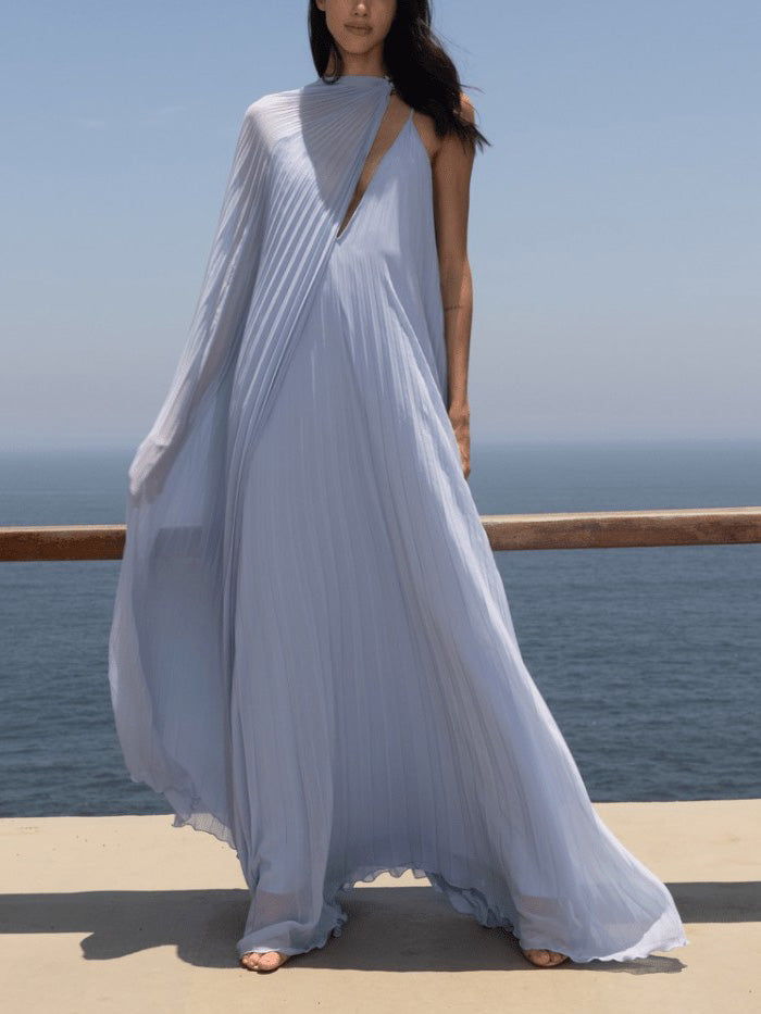 Elegant V-Neck Pleated Maxi Dress with a Flowing Silhouette
