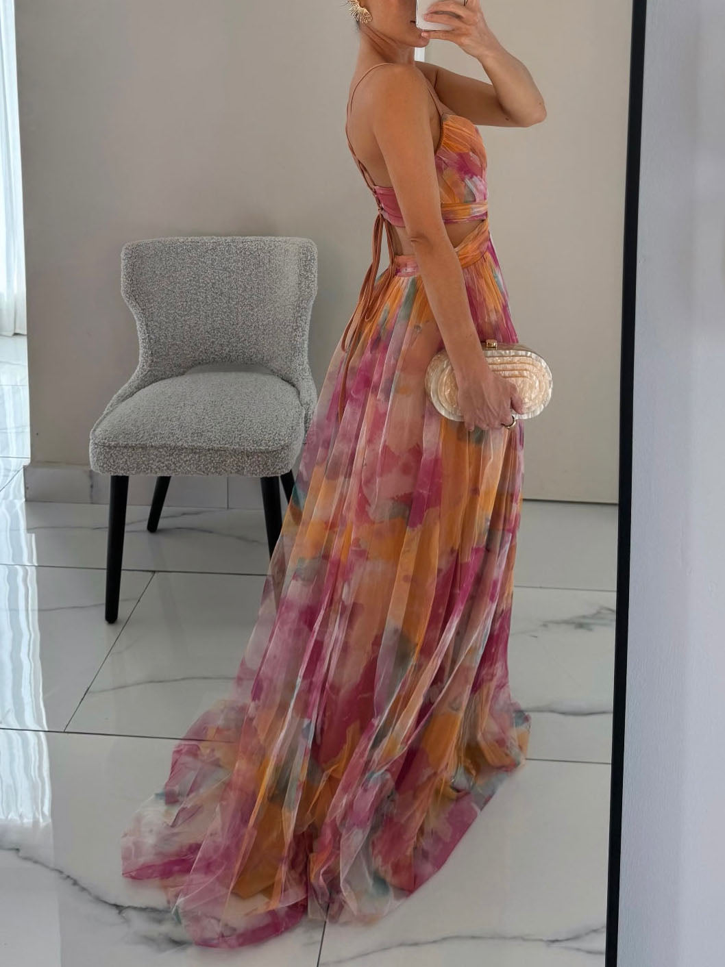 Chic Painted Floral Print V-Neck A-Line Maxi Dress