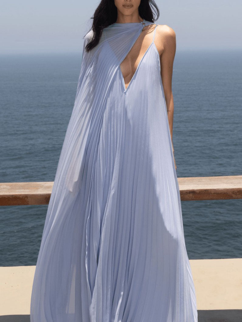 Elegant V-Neck Pleated Maxi Dress with a Flowing Silhouette