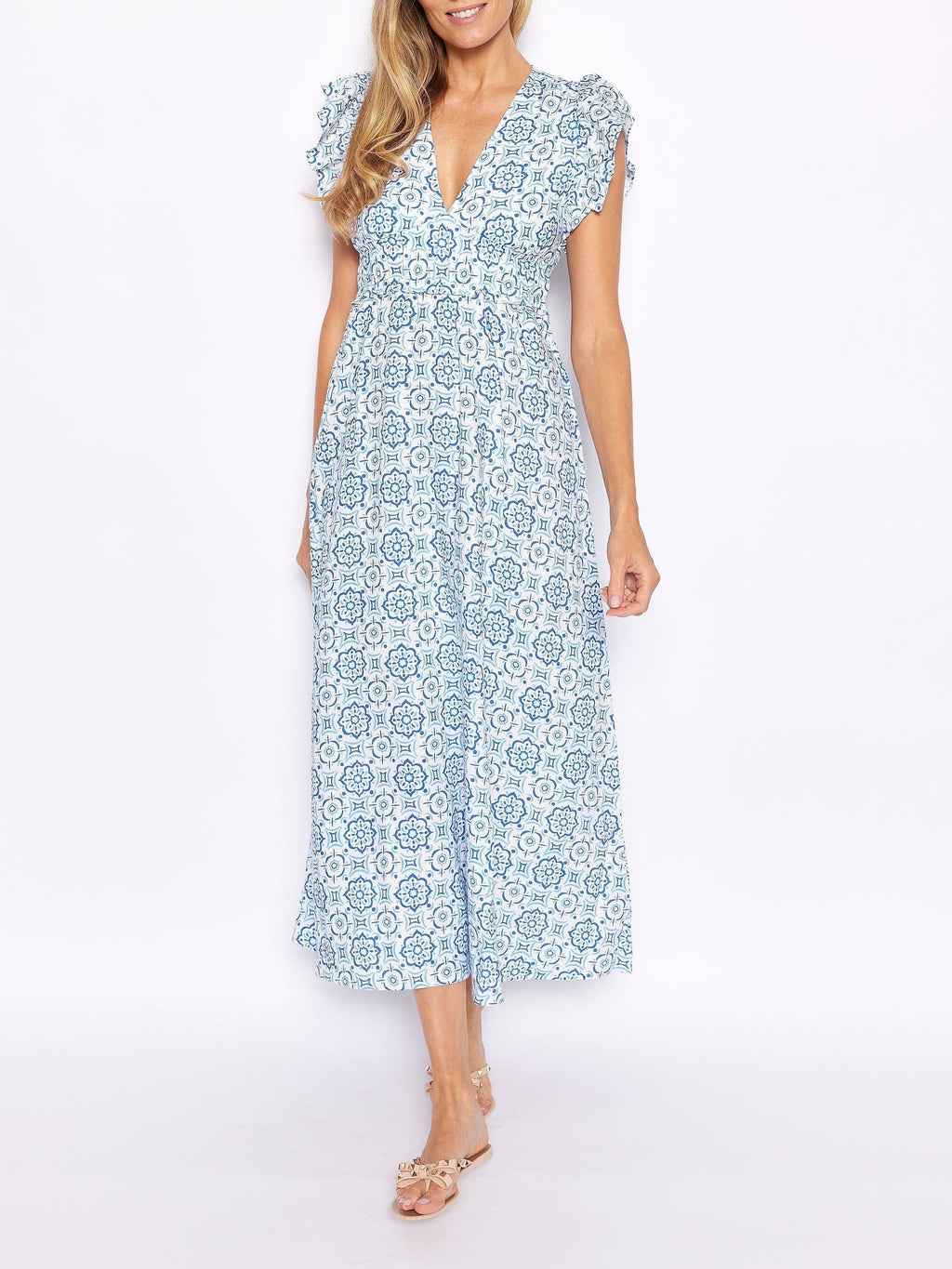 Blue Medallion-Print V-Neck Flutter-Sleeve Maxi Dress
