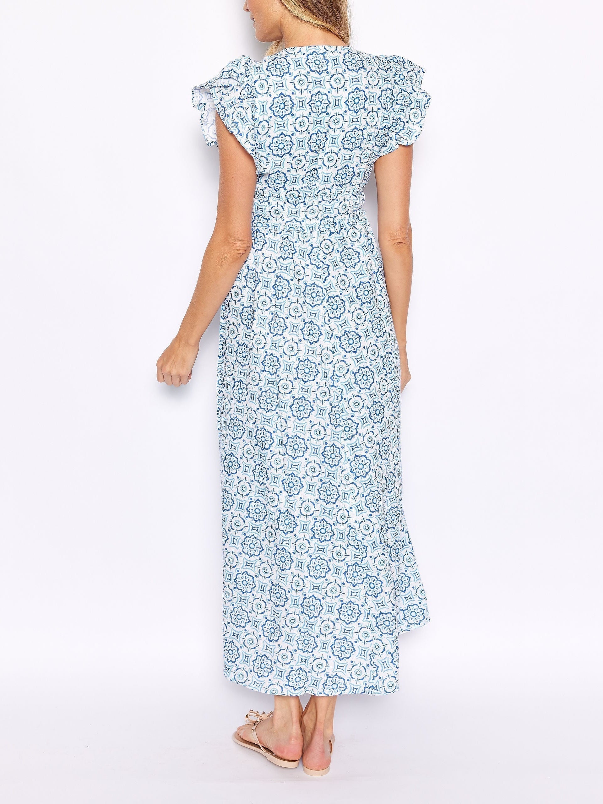 Blue Medallion-Print V-Neck Flutter-Sleeve Maxi Dress