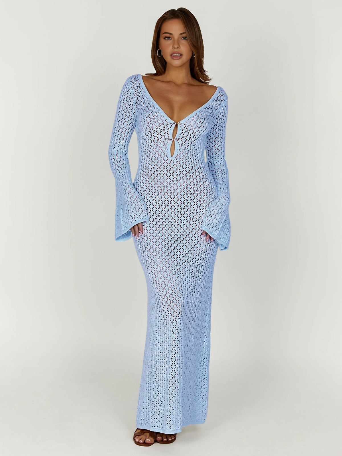 Chic Long-Sleeve Open-Back Maxi Dress - Cover-Up Style