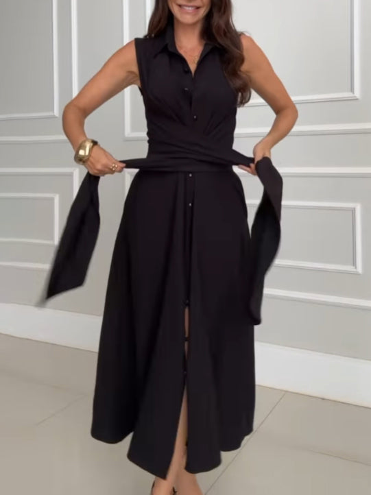 Chic Shirt-Style Single-Breasted Midi Dress with Tie