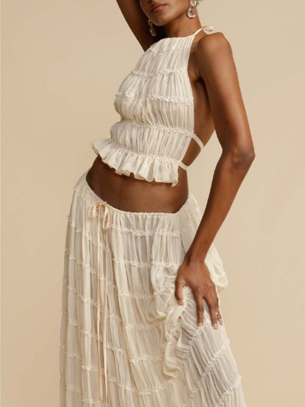 Flowy Pleated Maxi Skirt with Drawstring Waist and Tiered Layers