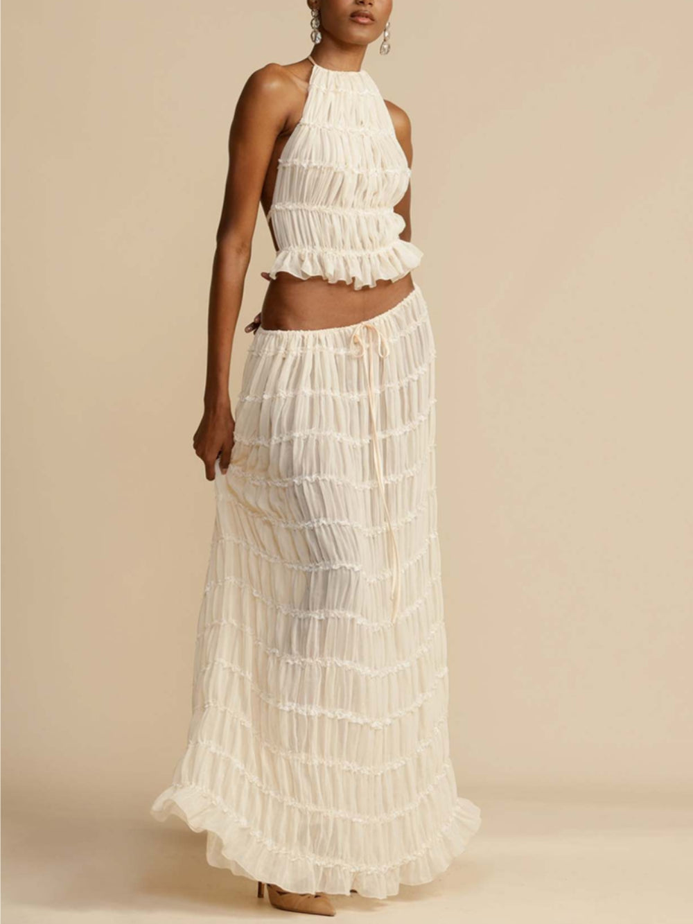 Flowy Pleated Maxi Skirt with Drawstring Waist and Tiered Layers